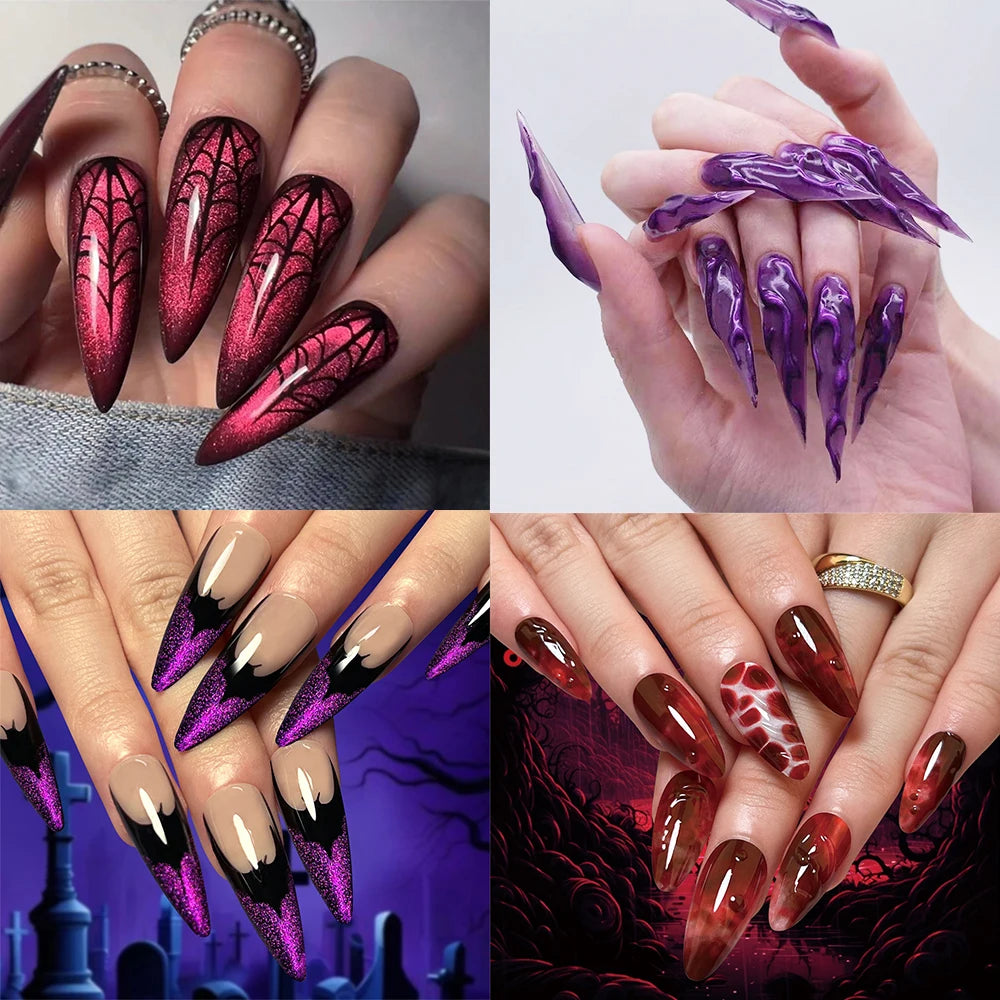 24pcs Glitter Pink Sequins Fake Nails 2025 Halloween Scary Skull Love Print False Nails Wearable European Ballet Press on Nails