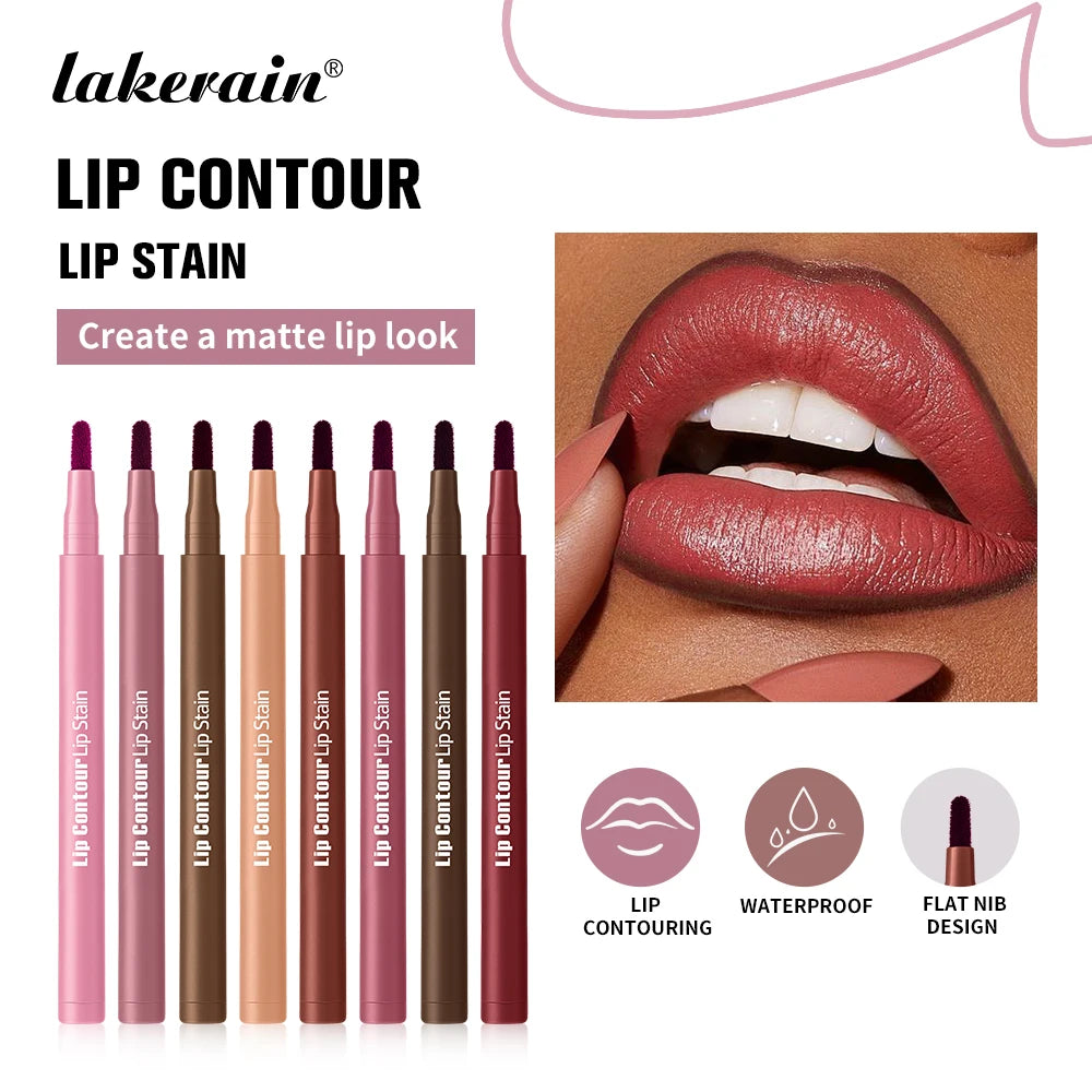 2-in-1 Lip Contour Lip Stain Pen Smudge-proof Non-stick Cup Moisturizing Lip Makeup Cosmetic Dual-Sided Tip Lip Stain & Liner