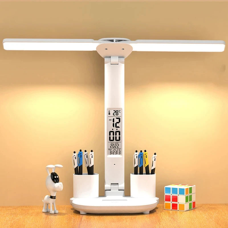 Multifunctional Eye Protection Rechargeable LED Clock Dimmable Desk Lamp 180° Rotating Foldable Desktop Reading Night Light USB
