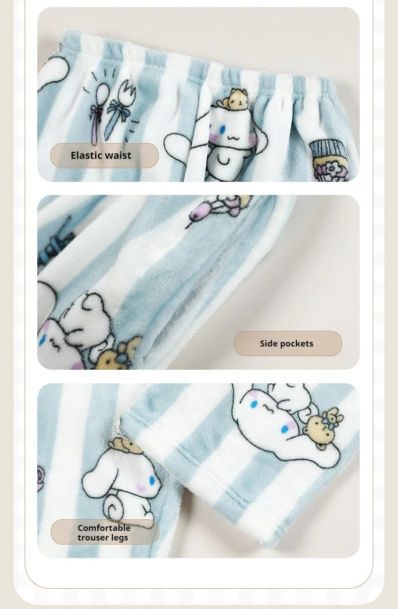 Miniso Hello Kitty Kuromi Sleeper Pants With Flannel Thick Fleece For Warmth Casual Cute Cartoon Pattern Girl Christmas Clothing