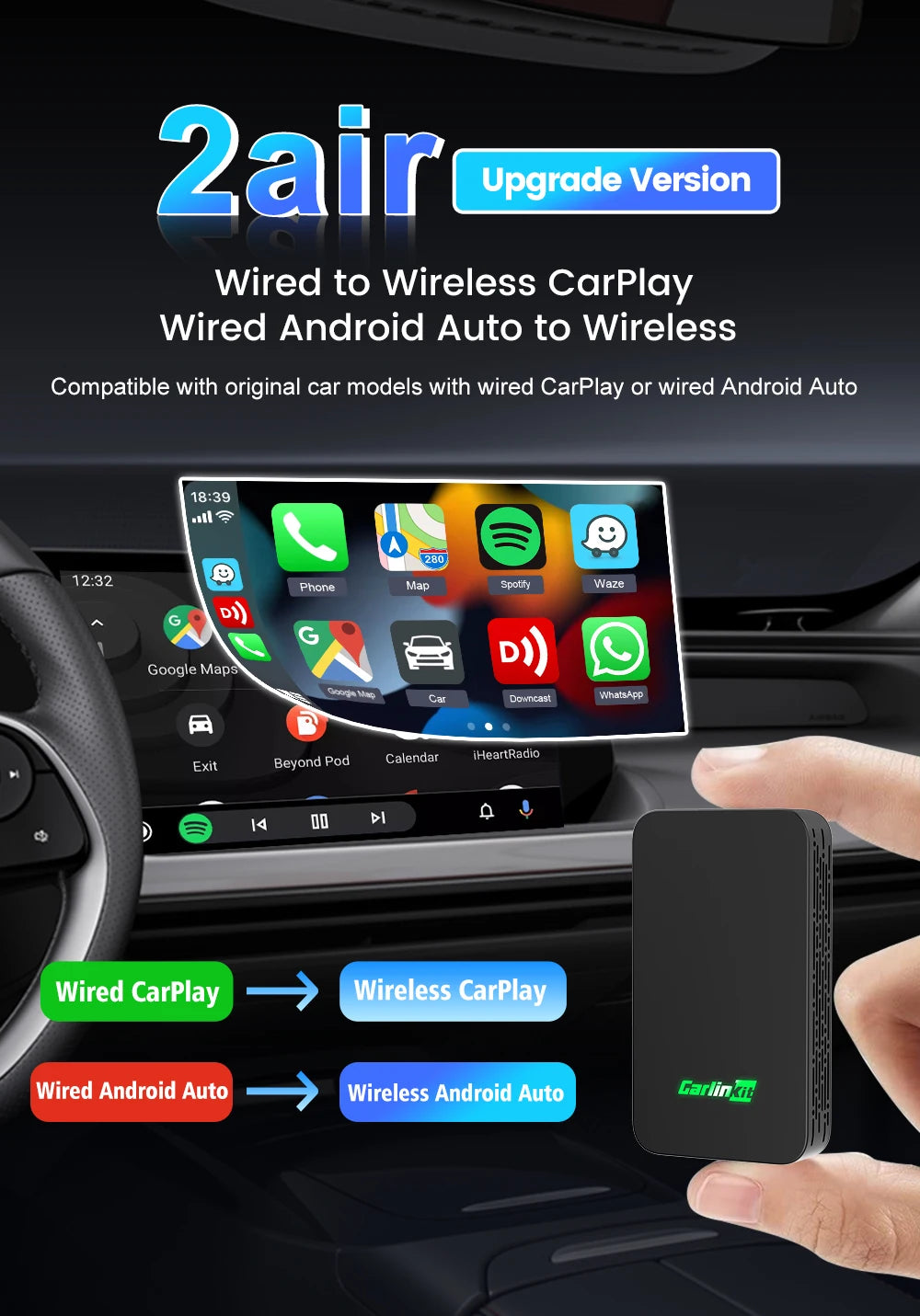 CarlinKit 5.0 Wireless CarPlay Android Auto Adapter 3 in 1 Wireless Car Adapter for Mazda Toyotal Peugeot Volvo Kia Spotify
