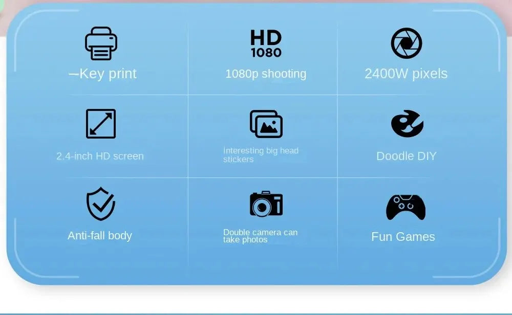 Children's Camera LCD Screen 2.4 Inches Supports 32G Memory Battery Life 1000 MAh Instant Printing Camera Supports Video Games