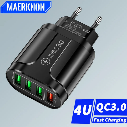 3.1A 4 Ports USB Charger Fast Charge QC 3.0 Wall Charging For iPhone 15 14 Samsung Xiaomi Mobile 4 USB Travel Charger EU US Plug