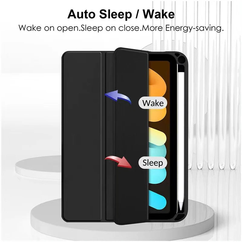 Flip Tablet Cover For iPad Mini 6 8.3'' 2021/Mini 7 2024 (A17 Pro) A2995 Acylic Back Case With Pencil Holder Auto Wake up /Sleep