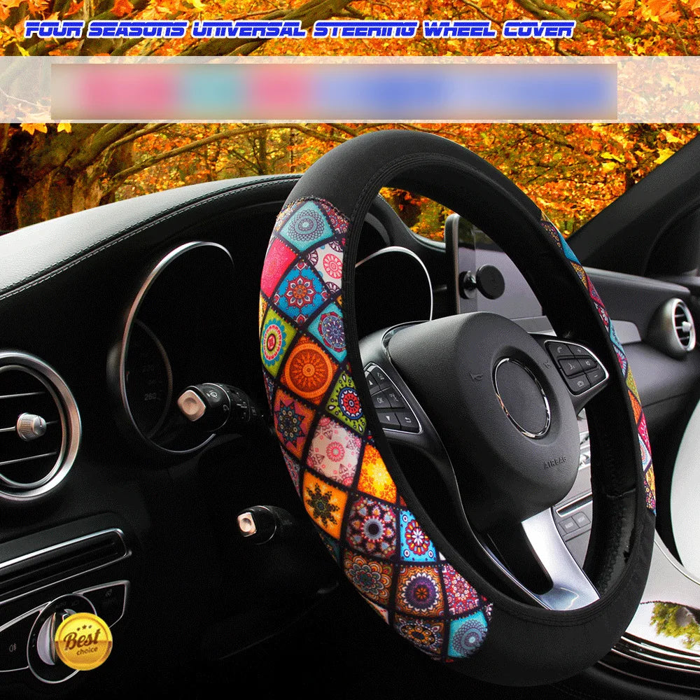 38cm Elastic Car Steering Wheel Cover Ethnic Style Print Anti-slip Car Steering-wheel Cover Car Interior Accessories Car Styling