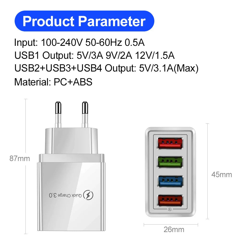 USB Charger Quick Charge 3.0 Tablet Portable Adapter For iPhone14 13 12 11 Pro Max Wall Mobile Charger EU/US Plug Fast Charger