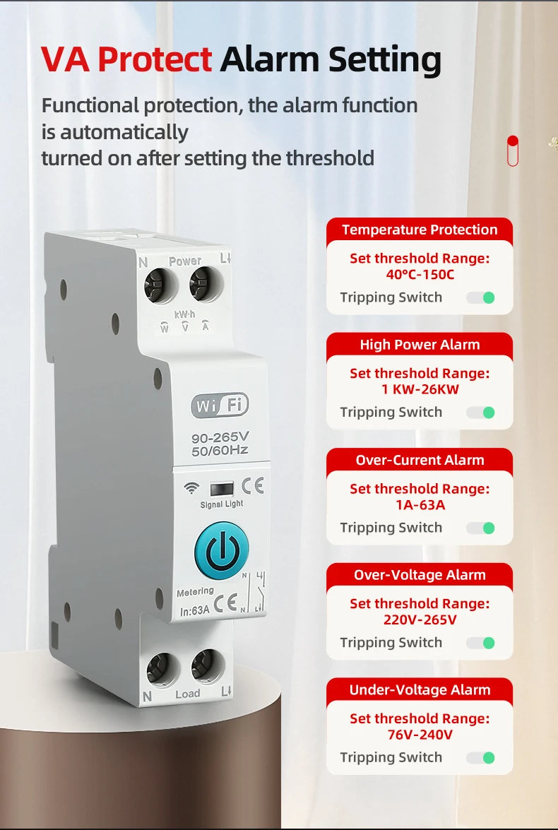 Tuya WiFi Smart Circuit Breaker MCB 1P+N 63A Timer Power Energy kWh Voltage Current Meter Protector Voice Remote Control Switch