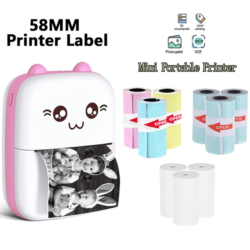 58mm Mini Portable Thermal Printer Cat Shapes Wireless BT 200dpi Photo Label Memo Wrong Question Printing Tag Bluetooth Printer