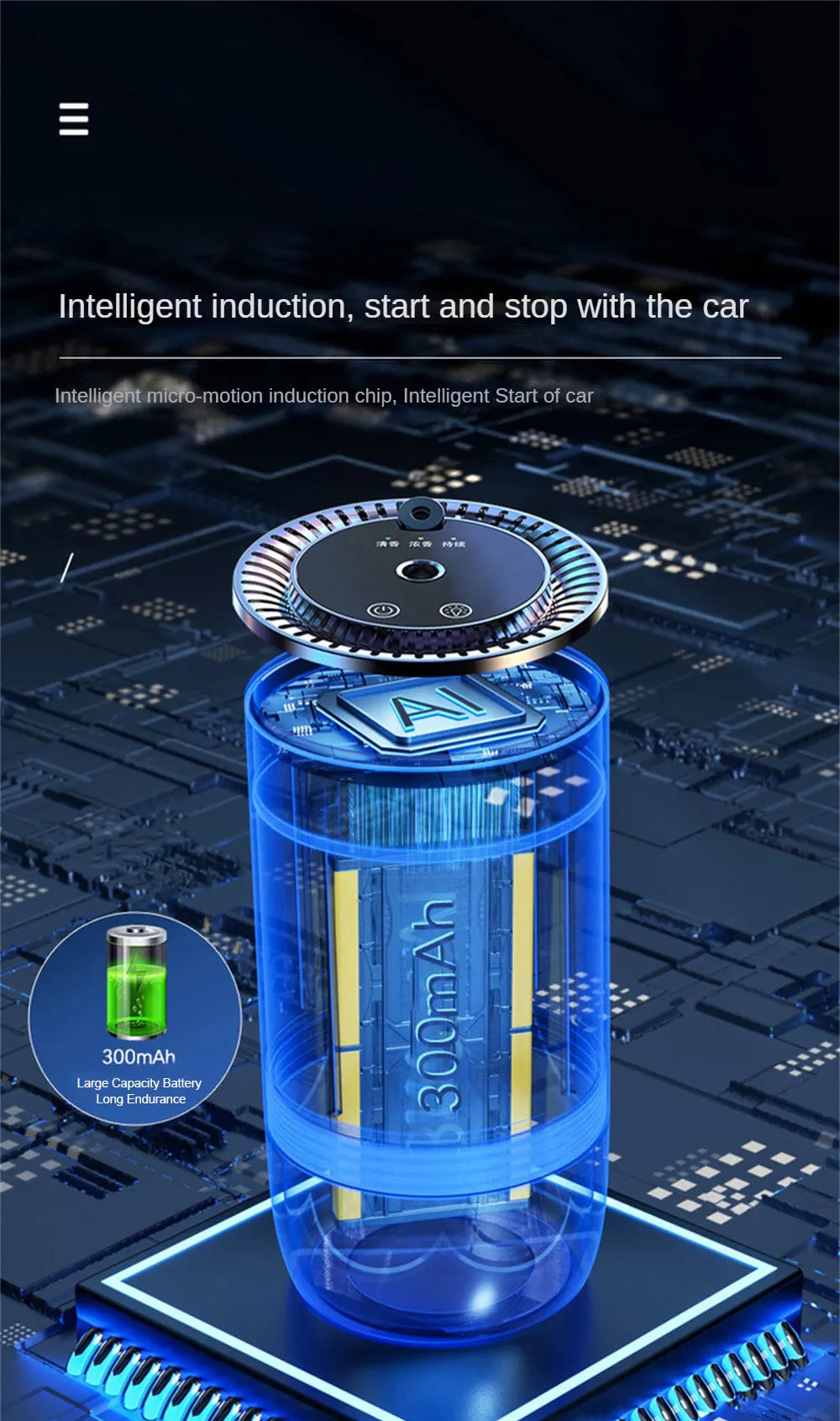 Car Air Freshener Essential Oil Fragrance Diffuser Smell Distributor USB Rechargeable Aromatherapy Scent Air Refresher LED Light