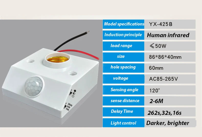 Smart 85V-265V PIR Induction Infrared Motion Sensor E27 LED lamp Base Holder With light Control Switch Bulb Socket Adapter