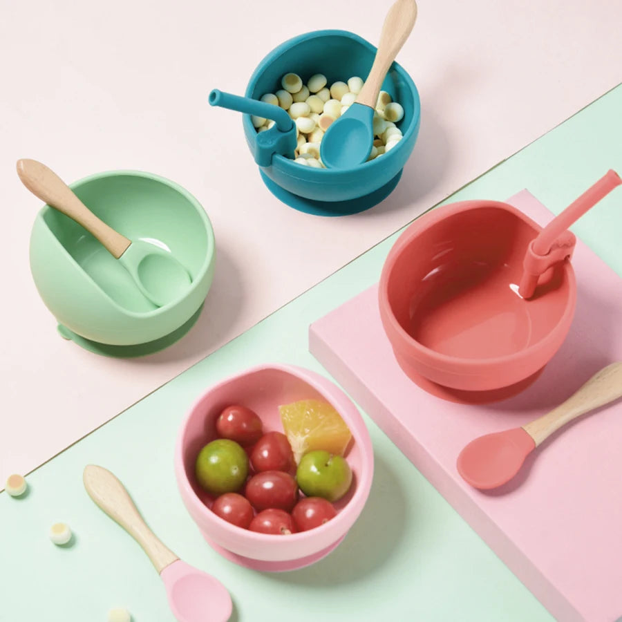 High Quality Spill-Proof Silicone Feeding Bowl Baby Dishes Kid Dinner Spoon Food Grade Silicone Baby Silicone Tableware