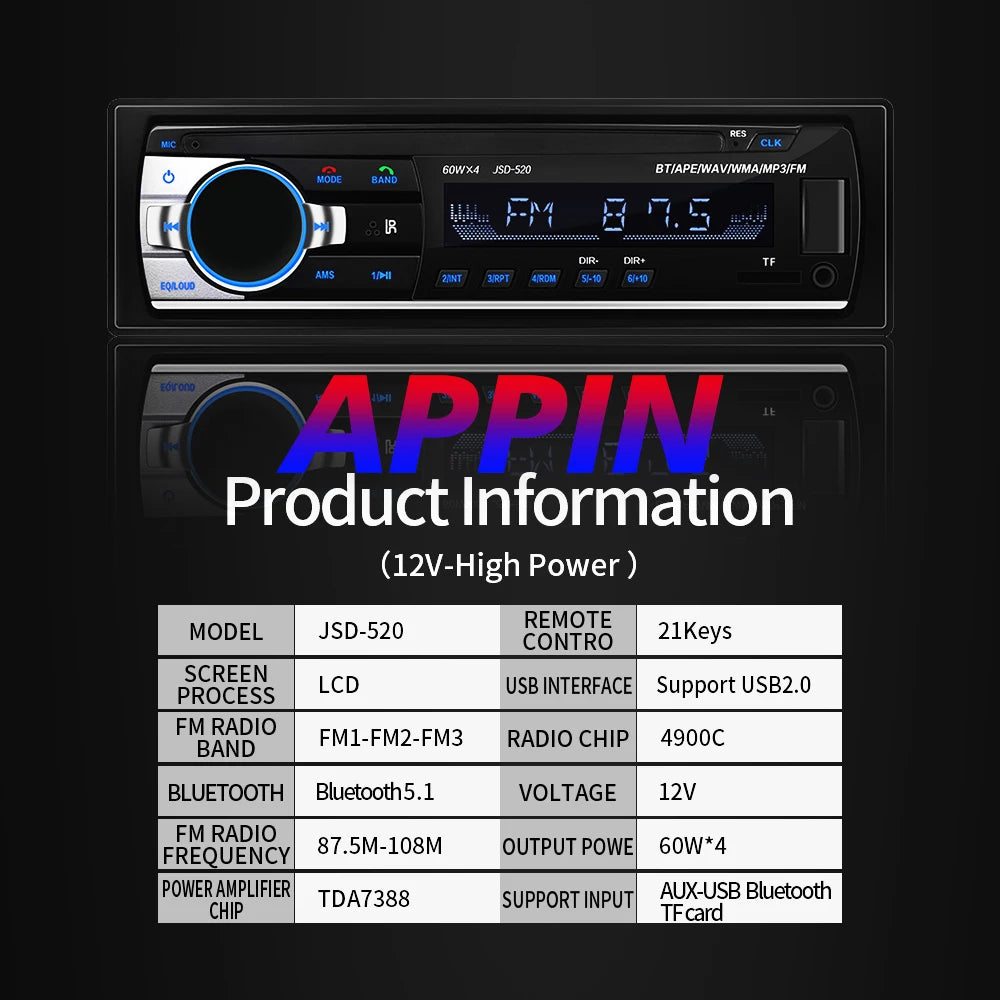 (Factory Direct Sales) Car Mp3 Player Stereo 60W*4 12v/24v Car Truck Usb/Tf/Fm/Aux Bluetooth Audio Radio