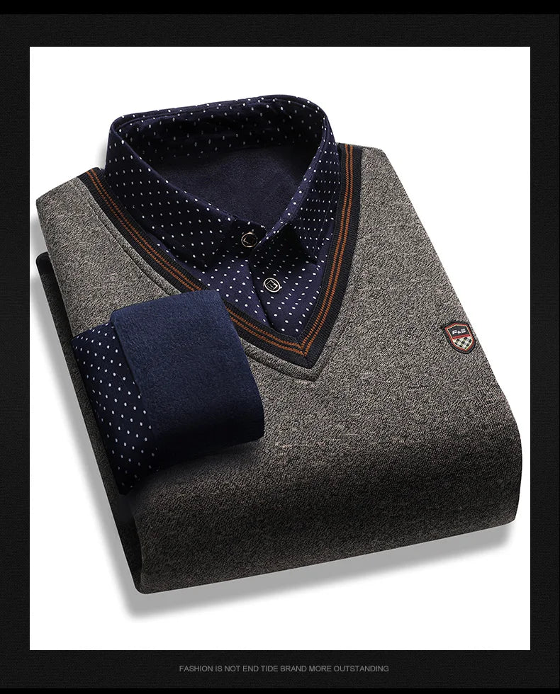 Men's Plush Sweater Autumn Winter Fake Two Piece Pullover Polo Shirt Collar Fleece Thick Warm Top Clothes Casual Jumpers