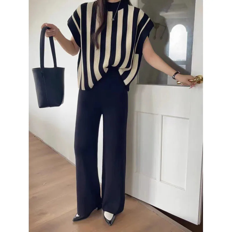 2024 Fashion Minimalist Patchwork Loose Short Sleeved Sweater Top High Waisted Slimming Wide Leg Pants Two-piece Set