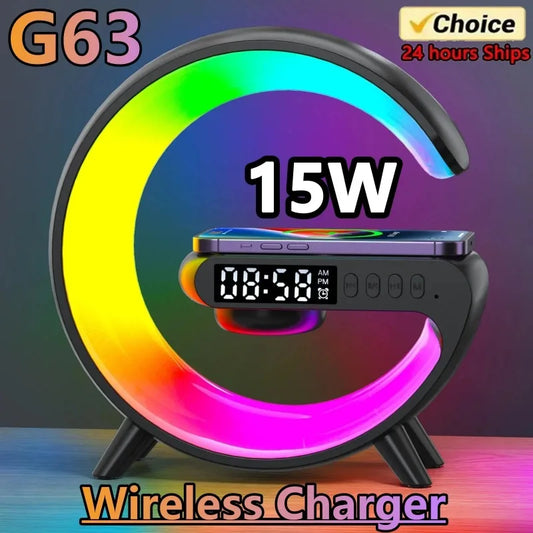 Multifunction Wireless Charger Pad Stand Speaker TF RGB Night Light 15W Fast Charging Station for iPhone Samsung Xiaomi Huawei