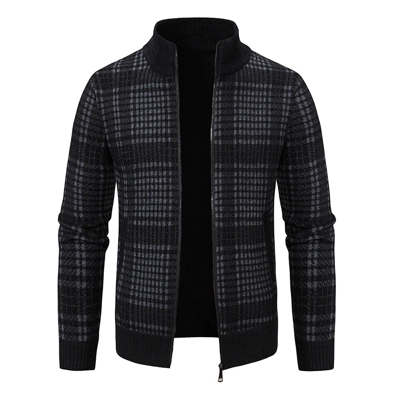 Mens Sweaters Jacket Full Zip Fleeced Sweater Cardigan Plaid Stand Collar Sweaters Coat Autumn Winter Homme Clothes
