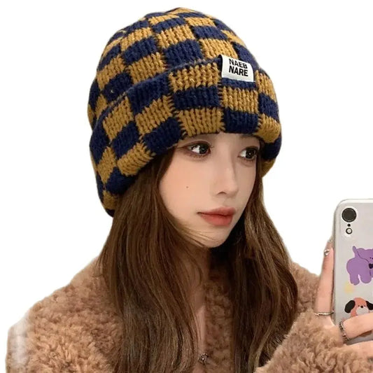 Luxury Brand Chessboard Plaid Knitted Hat Women Winter New Big Size Hat Warm Beanies Skullies Green Red Xmas Christmas Hat