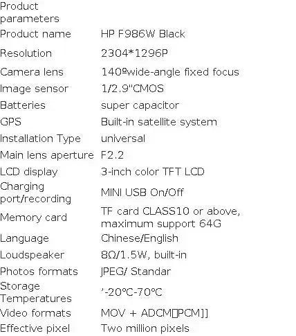 HP Car Recorder F986W 1296P Car Camera HD Night Vision Parking Monitoring Car WiFi Car DVR Video Loop Recording