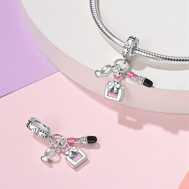 925 Sterling Silver Princess Powder Series Exquisite Daily Bow Sweet Charms Beads Fit Pan Original Bracelets DIY Jewelry