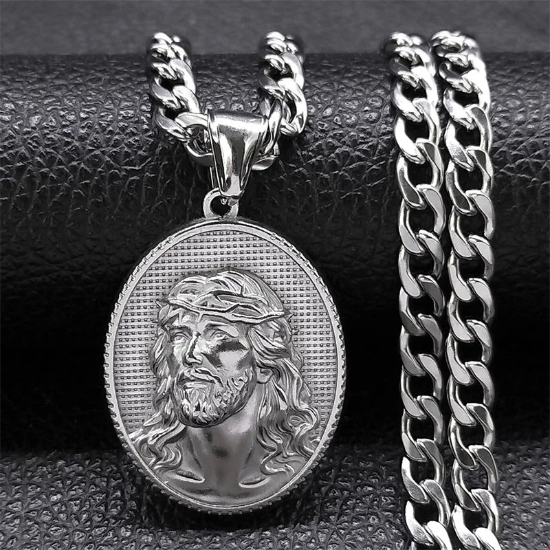 Stainless Steel Cross Jesus Pendant Necklace for Men Gold Color Hip Hop Cuban Chain Religious Crucifix Necklaces Jewelry NZZ470S
