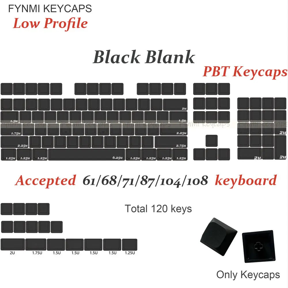 Fynmi Blank Black Low Profile Original PBT keycaps ANSI 61 keys to 116 keys Dye-Sublimation keycaps for Mechanical Keyboard
