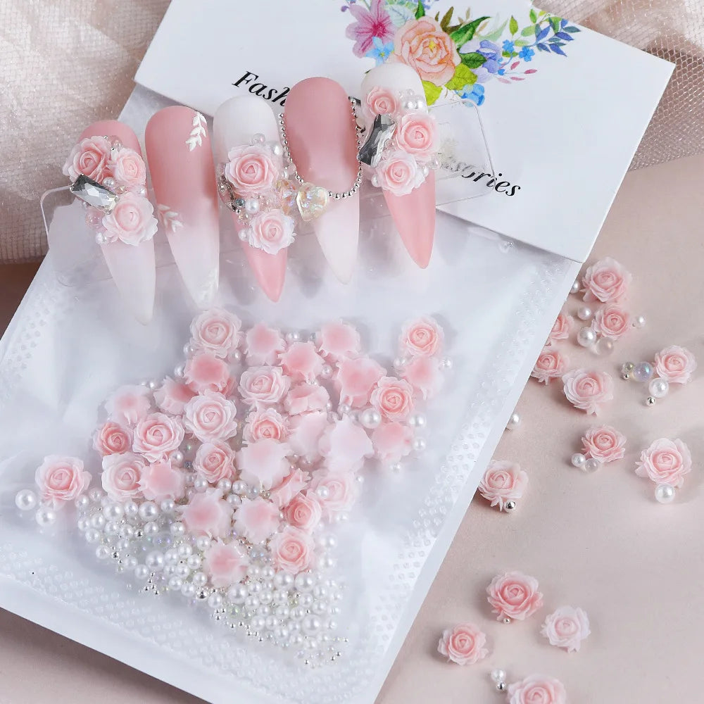 30 pcs gradient carved rose nail ornaments with steel bead pearl nail accessories