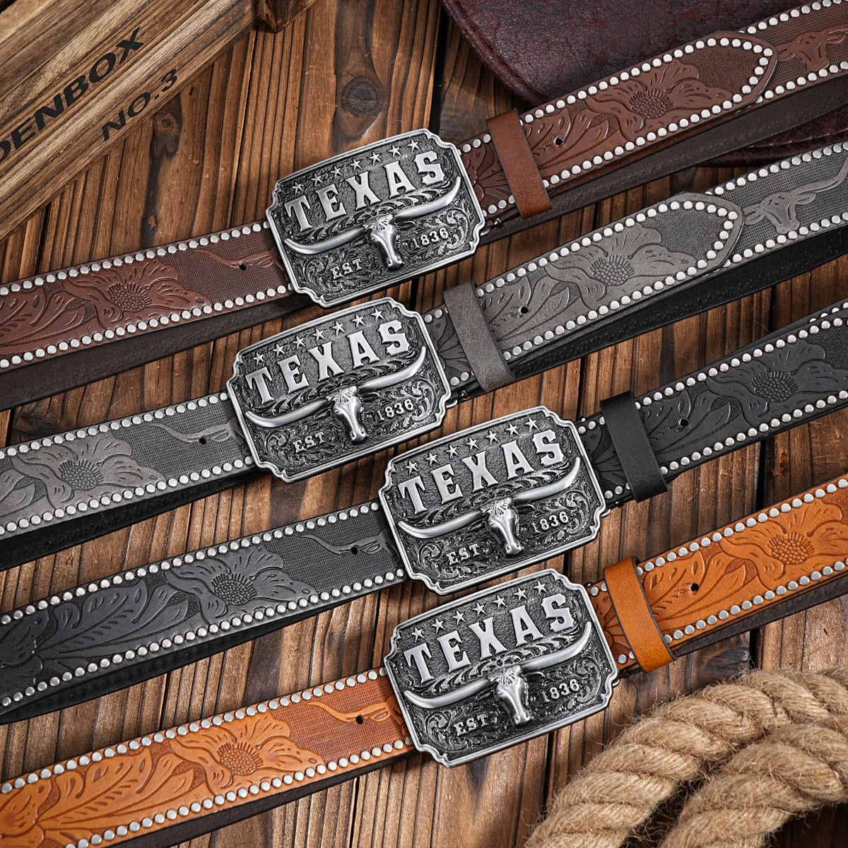 Western Cowboy PU Leather Belt - Men Waist Strap Bull Decoration Floral Engraved for Jeans