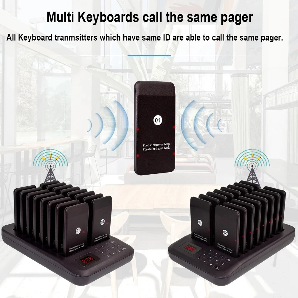Wireless Calling System Buzzer Restaurant 16 Pager Receiver Vibration 4 Modes With 1 Keypad Transmitter Guest Paging Coaster