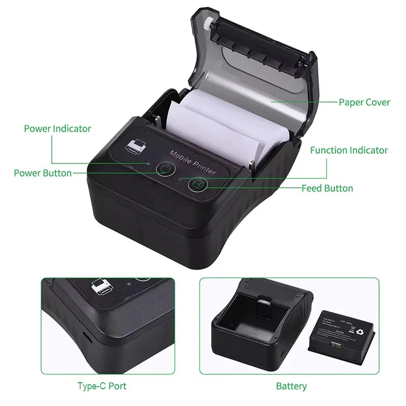 58mm Portable Mini Thermal Printer Receipt Ticket Printer Mobile Pocket Wireless Bluetooth Bill Android Phone PC Printe