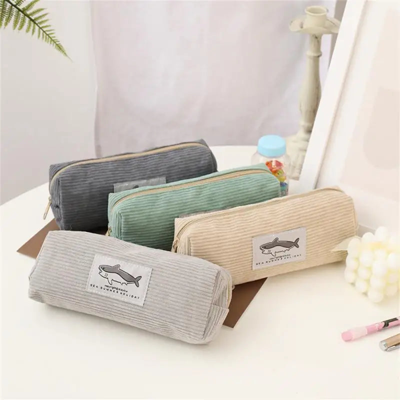 Shark Pencil Case Corduroy Large Capacity High Quality Zipper Kawaii High-quality Corduroy Pen Bag School Pencil Pouch About 35g