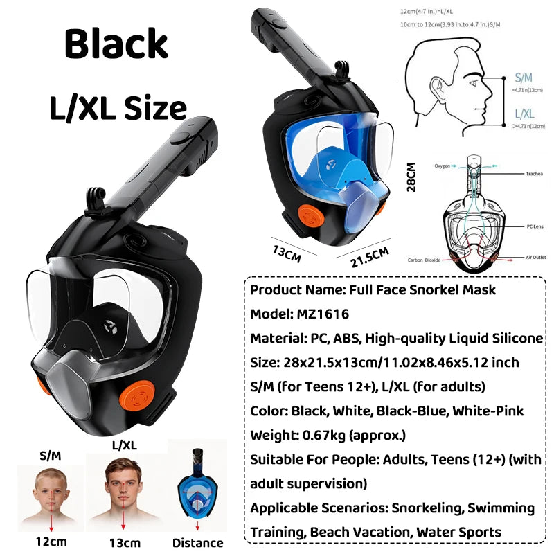 Full Face Snorkel Mask 180° Panoramic View Dry Top Snorkel Anti-Fog Leak-Proof Safe Breathing Swimming Diving Gear for Adults