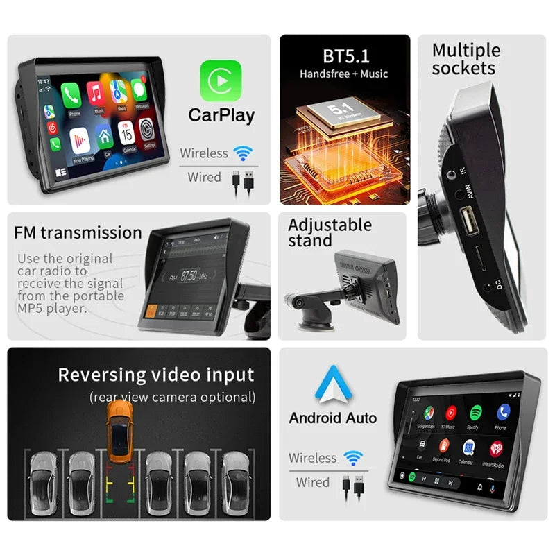 7 inch CarPlay Car Monitor Wireless Android-Auto Bluetooth FM Transmitter Buckup Camera Display USB HD MP5 Video Player