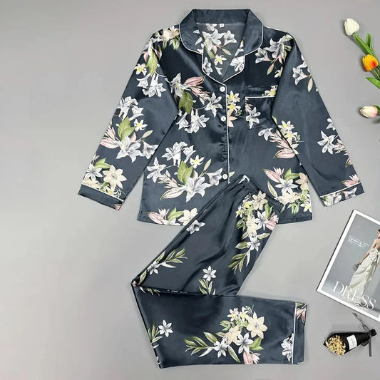 Women's Pajama 2 Piece Set Flower Print Sleepwear Satin Pijama Homewear Long Sleeve Turn-down Collar Tops Pants Nightwear Pyjama