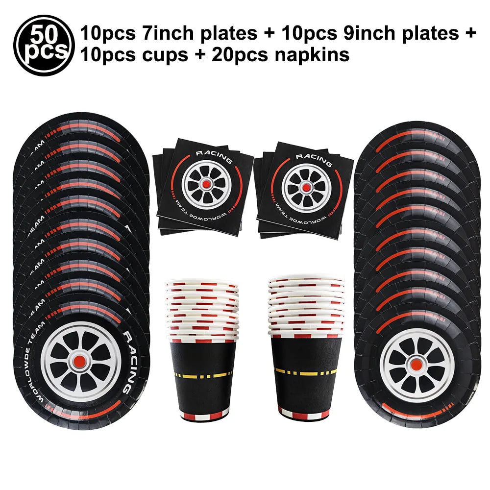 Traffic Cones and Racing Checkered Flags Black White Flags Kids Racing Theme Decorations for Race Car Birthday Party Supplies