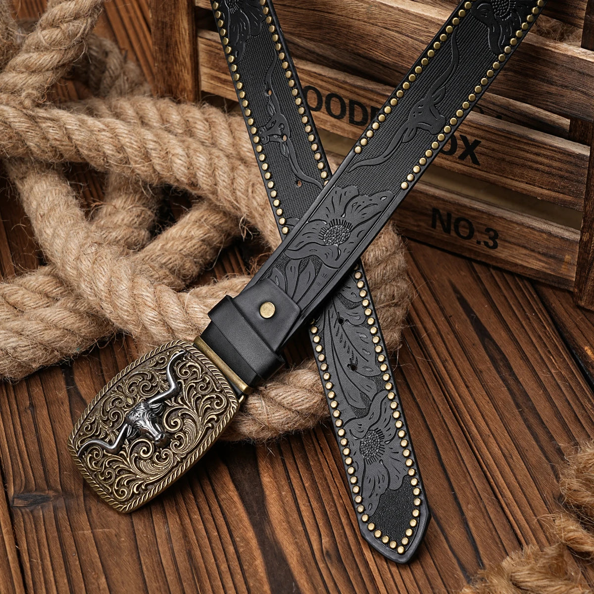Men Women-Western-Cowboy-PU Leather-Belts - Vintage Belt Floral Engraved Buckle Belt for Jeans
