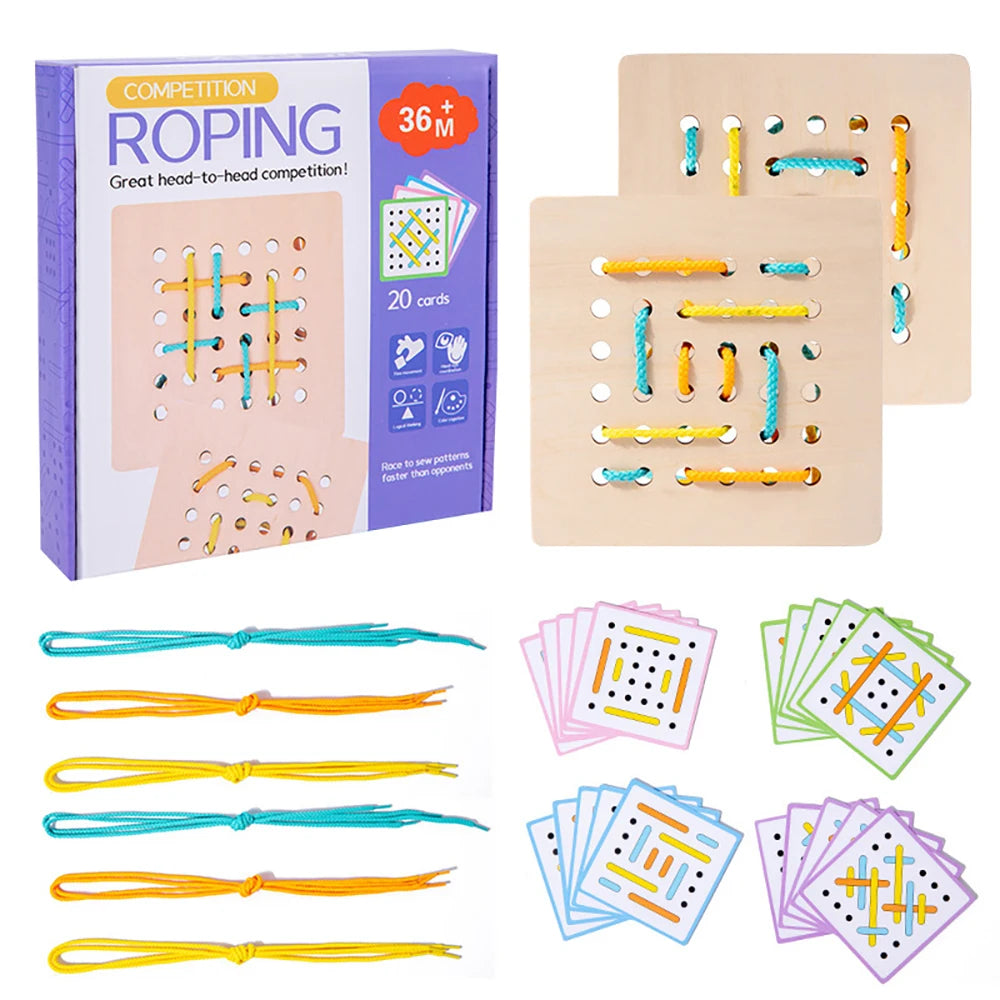 Montessori Wooden Rope Board Manipulative Material Array Block – Graphical Educational Toys With 20Pcs Cards And 6Pcs Rope