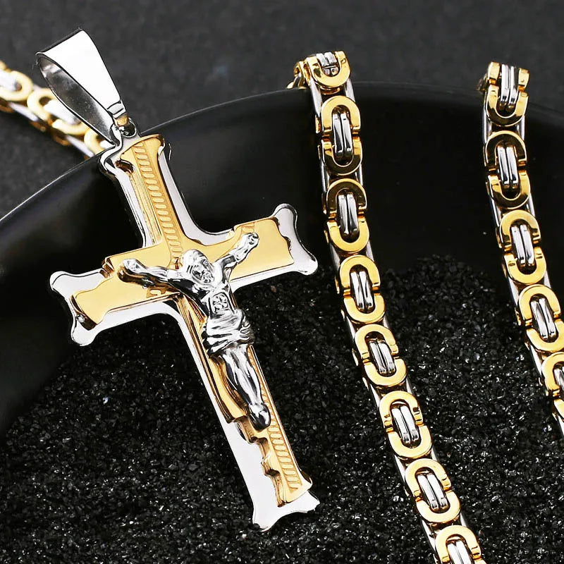 Stainless Steel Crucifix Jesus Byzantine Link Chain Necklace Fish Bone Pattern Cross Pendant Necklace Catholic Jewelry Men Gift