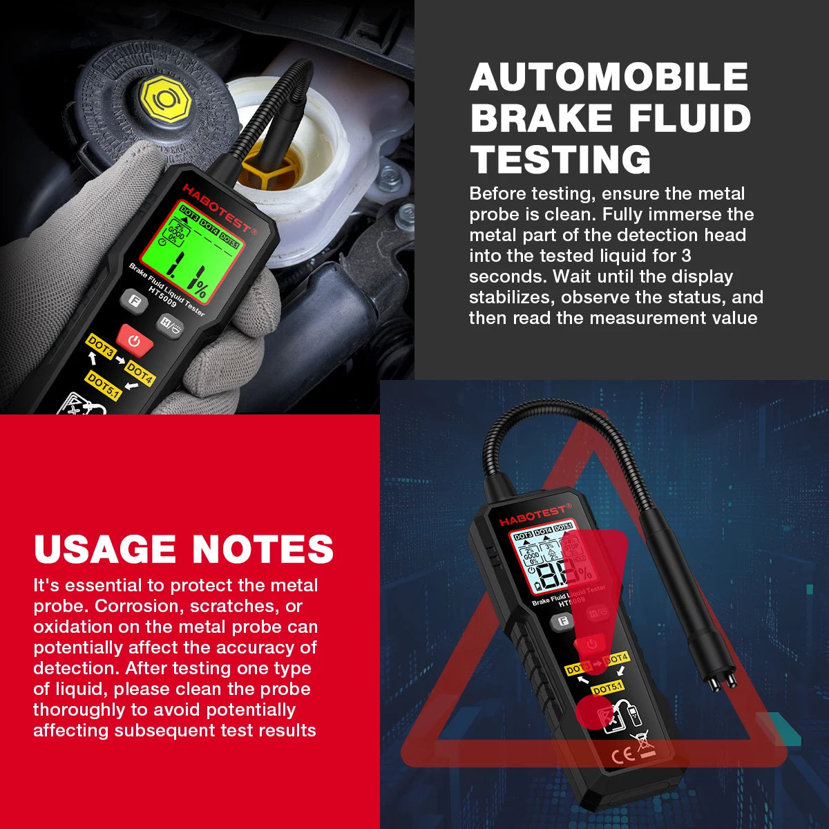 Digital Brake Fluid Tester Auto Car Brake Oil Moisture Detector DOT3/DOT4/DOT5.1 with Backlight Flexible Probe Brake Oil Tester