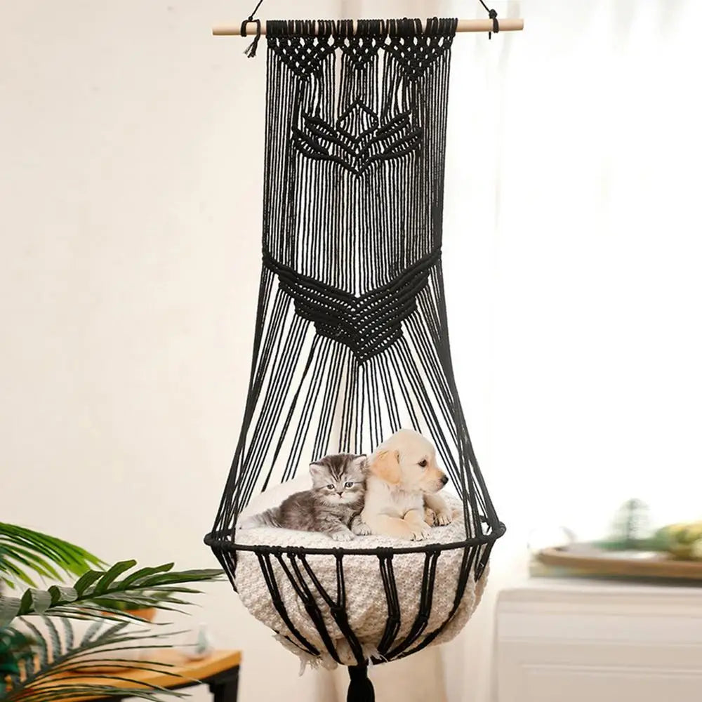 Boho Cat Swing Bed Hand-Woven Bohemia Cat Bed Kitten Hammock Bed Space-Saving Swing Bed For Home Living Rooms Balcony Bedrooms