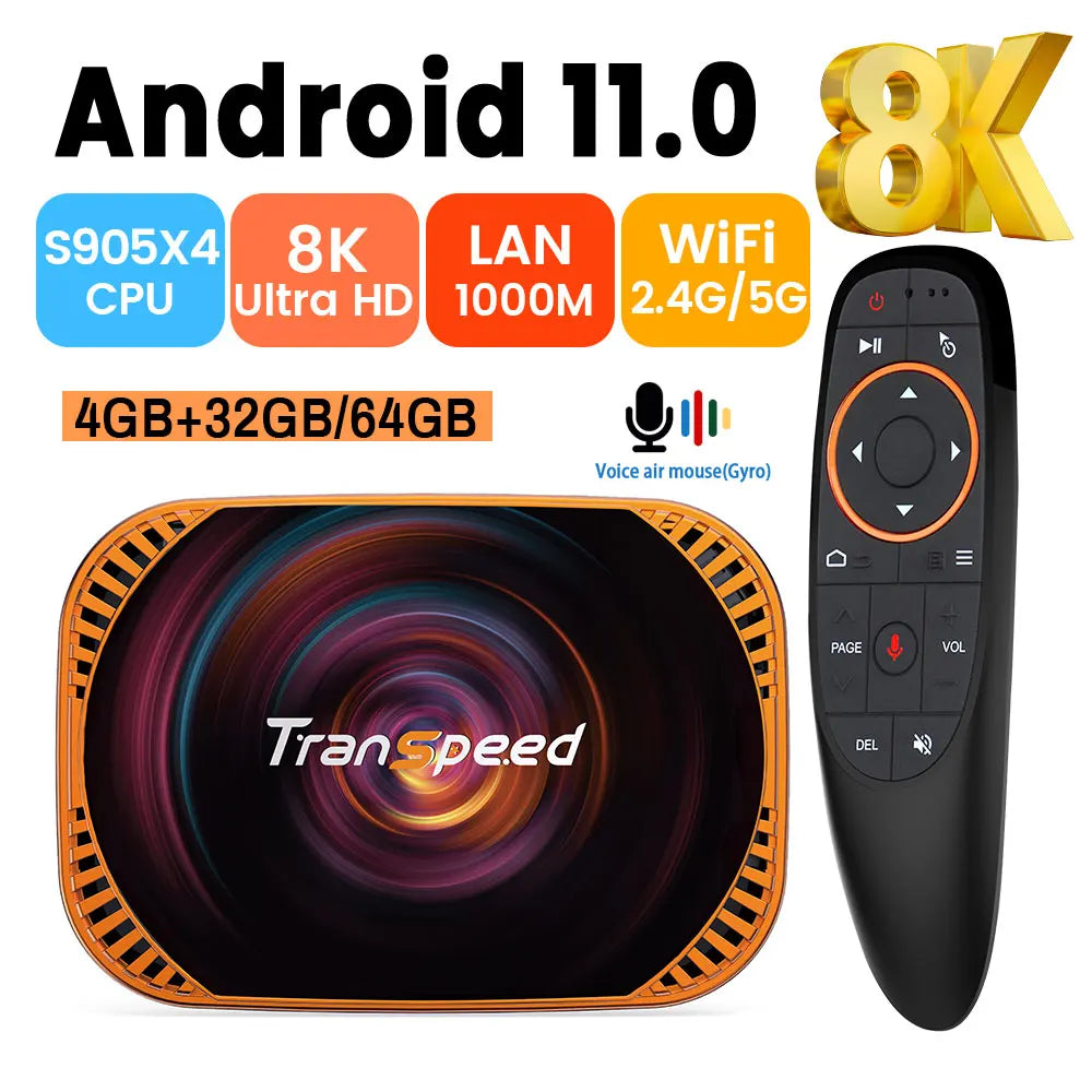 Transpeed Android 11 Amlogic S905X4 TV Box Dual WiFi 32G 64GB BT4.0 4K 8K 3D 1000M Fast TV Receiver Media Player Set Top Box