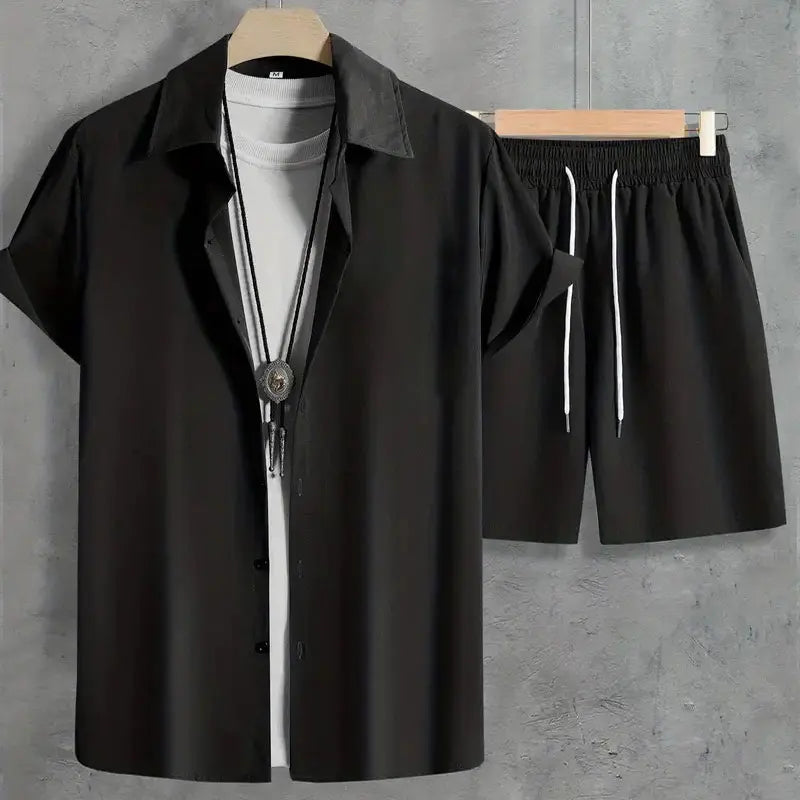 Fashion Summer Men's Short Sleeve Shorts Set Men's Solid Colour Button Down Shirt Drawstring Short Two Piece Hawaii Beach Suit