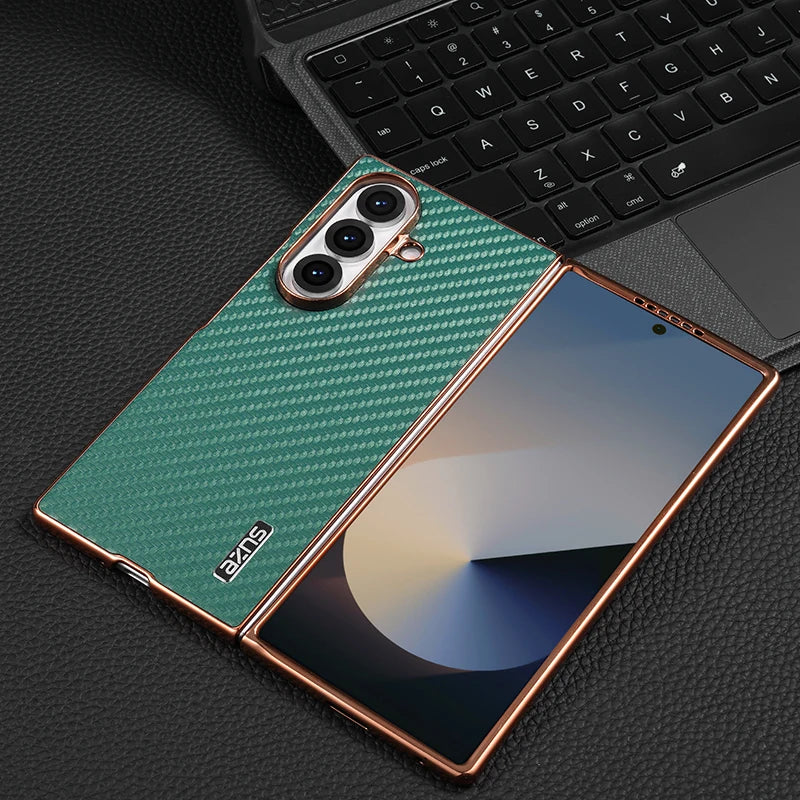 AZNS Luxury Plating Carbon Fiber Pattern Case for Galaxy Z Fold 7 Fold 6 Fold 5 Fold 4 Z Fold 3 Electroplated Protective Cover