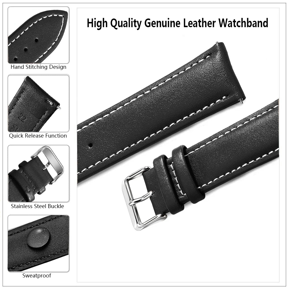 Top Grain Genuine Leather Watch Band, Quick Release 18mm/20mm/22mm Watch Straps, Fits Samsung Galaxy Watch, Garmin Huawei Watch