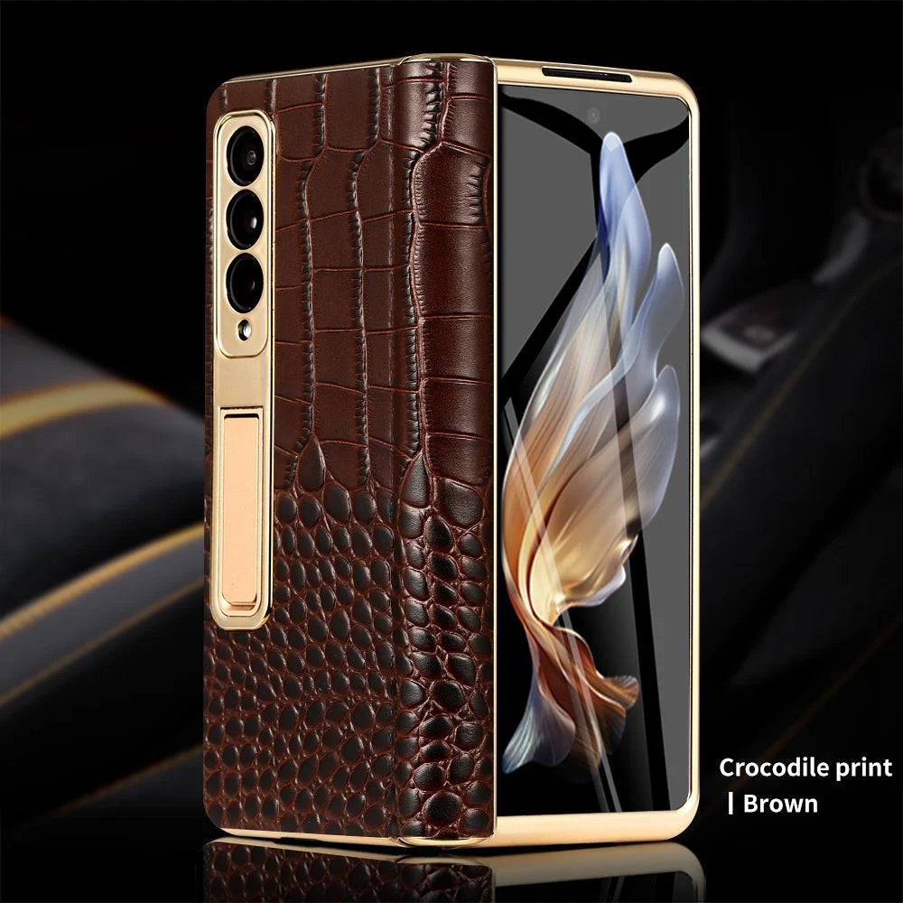 Leather Phone Case for Samsung Galaxy Z Fold 7 6 5 4 3 Fold6 Fold7 Gold Plating Magnetic Hinge Stand Back Cover with Mirror Film