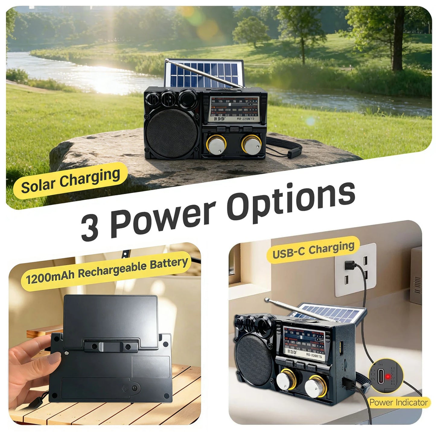 Portable FM AM SW Radio Solar  Radio Receiver Bluetooth Speaker TF Card USB Drive MP3 Music Player Rechargeable Battery