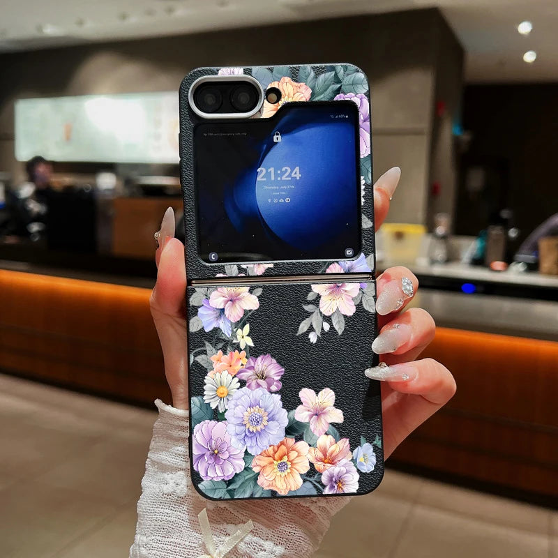 For Samsung Galaxy Z Flip 7 FE 6 5 3 4 Leather Texture Phone Case Floral Flower Soft TPU Folding Cover For Samsung Z Flip5 Flip6