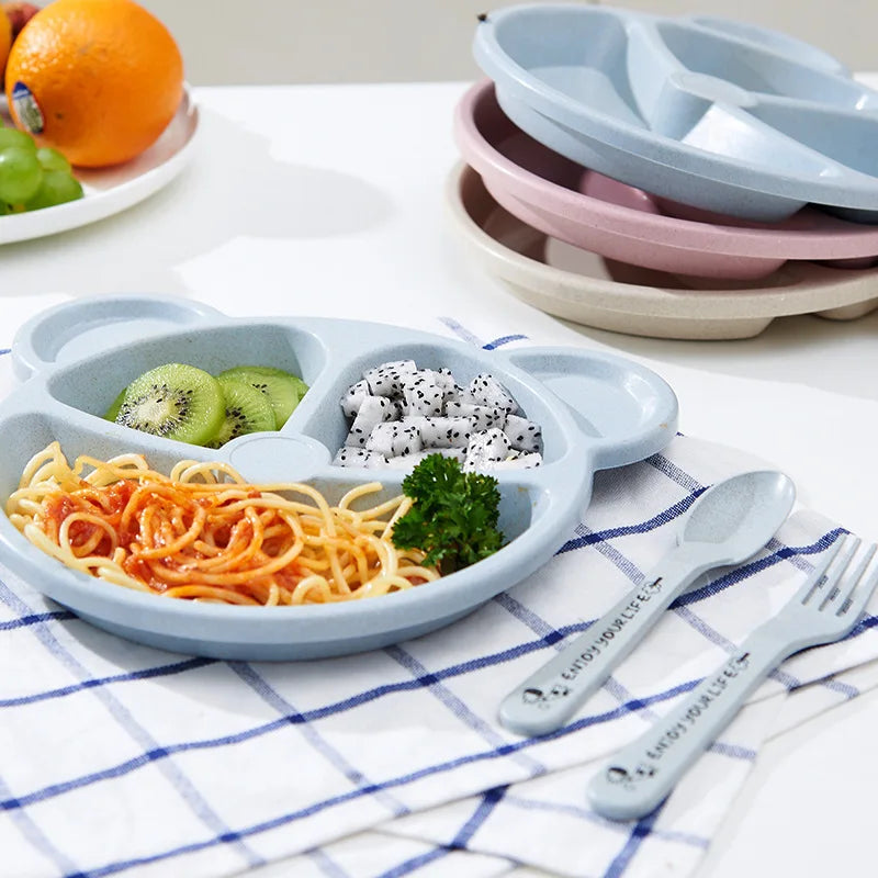 3pcs Wheat Straw Children's Compartment Dinner Plate Kindergarten Student Bear Tableware Set Children's Tableware Lunch Box