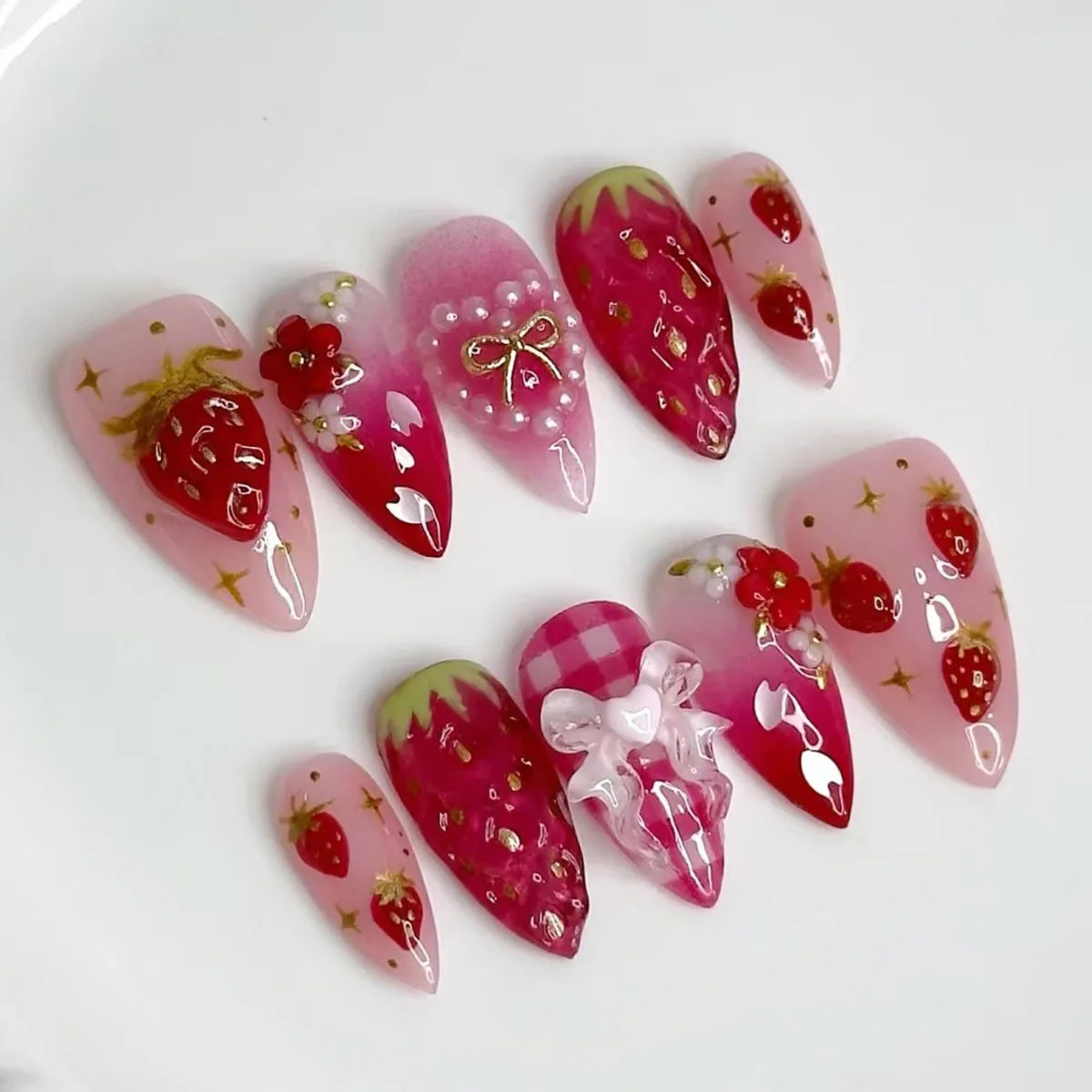 24PCS 3D Sweet Pink Flower Almond Press on False Nails with Yellow French Diamonds Fake Nails Artificial Wearable Tips with Glue