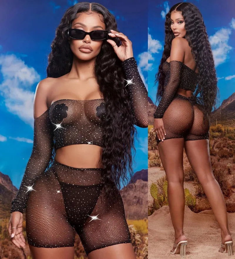 lingerie women sexy Babydoll mujer Underwear Catsui diamante Glisten rhinestone notte Intimo sexy dress for sex langerie+glove