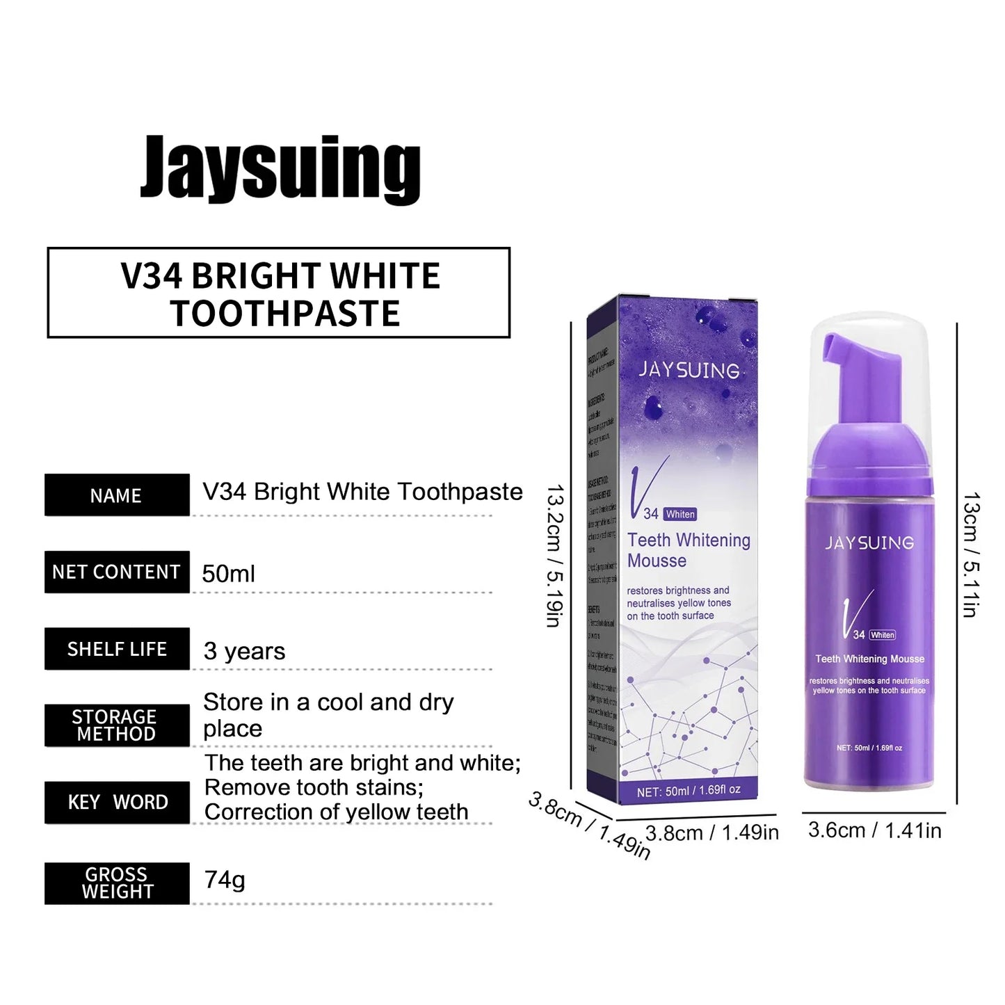 Teeth Whitening Mousse V34 Colour Dental Enamel Care Deep Cleansing Stains Melanin Removal Tooth Bleaching Foam Toothpaste 50ml